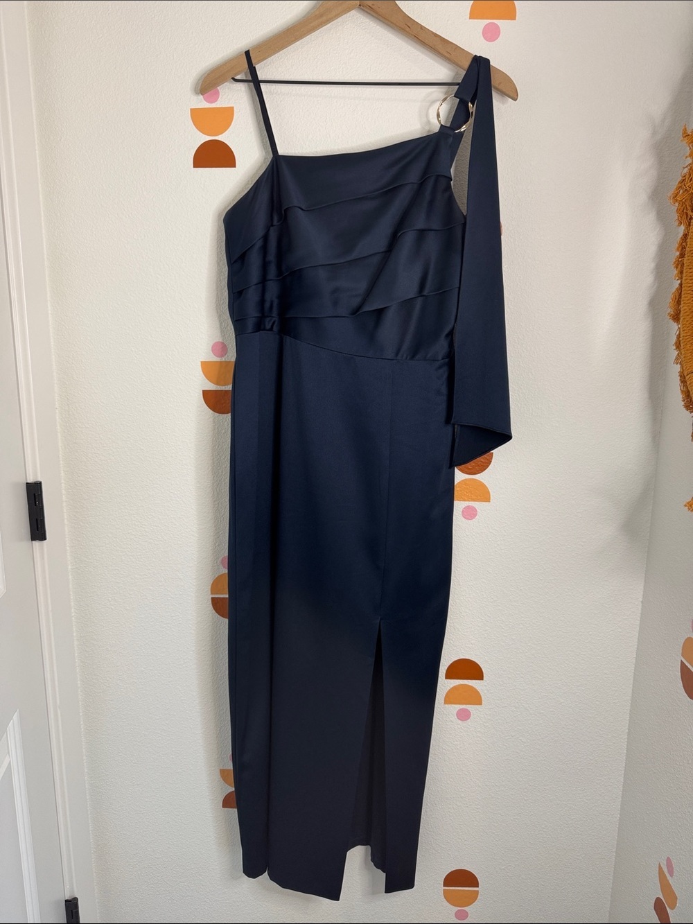 Adrianna Papell Navy One-Shoulder Evening Gown with Draped Bodice N0174